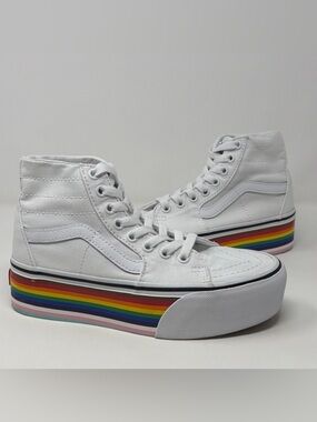 Vans SK8-Hi Stackform Pride White Rainbow Platform Sneakers Women’s 5.5